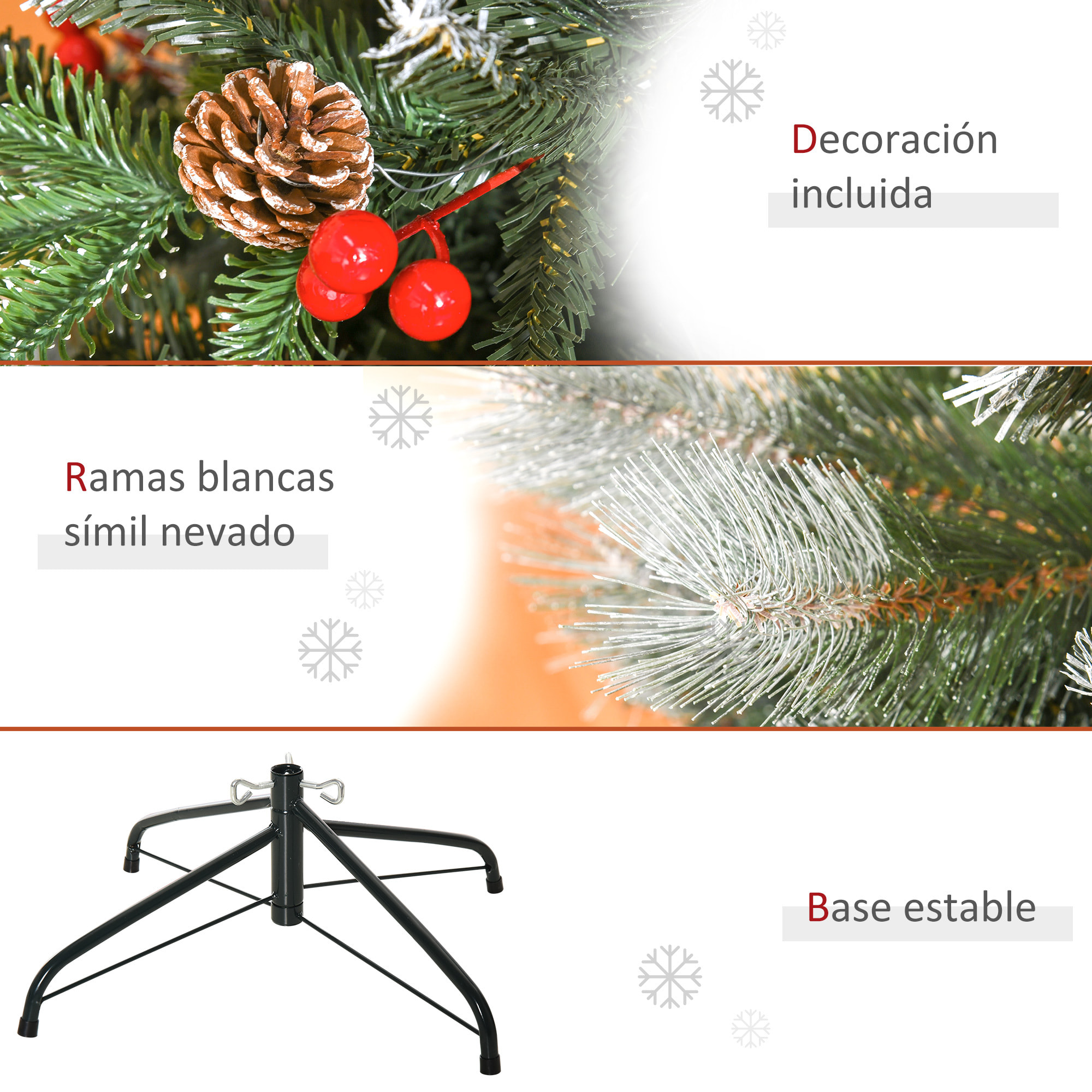 HOMCOM árbol de Navidad Artificial 150 cm con 440 Ramas 39 Piñas y 39 Bayas Hojas de PVC PE Base Plegable y Soporte Metálico Decoración Navideña para Interiores Verde