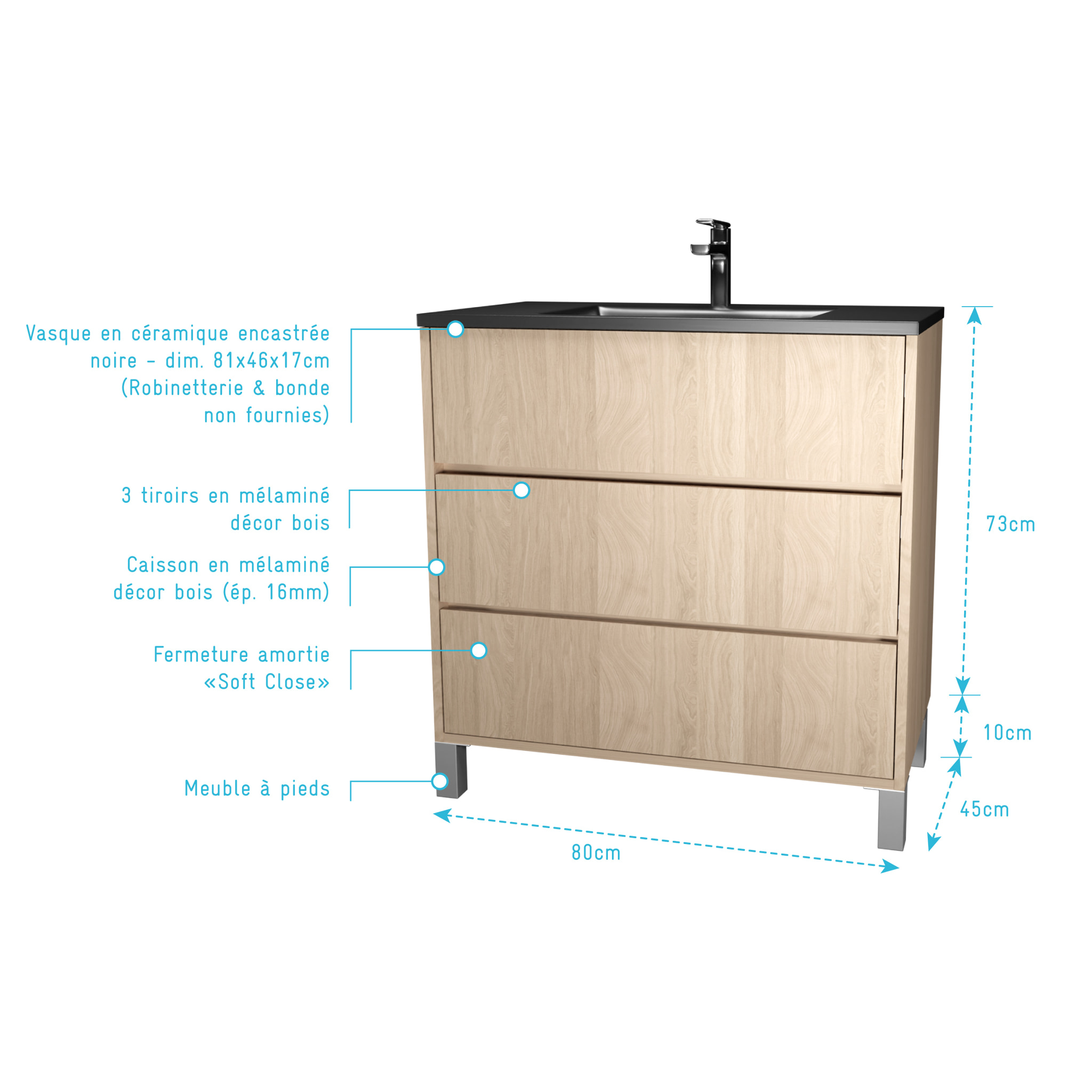 Meuble de salle de bains 80 cm 3 Tiroirs Chêne Clair + Vasque Céramique Noire - XENOS