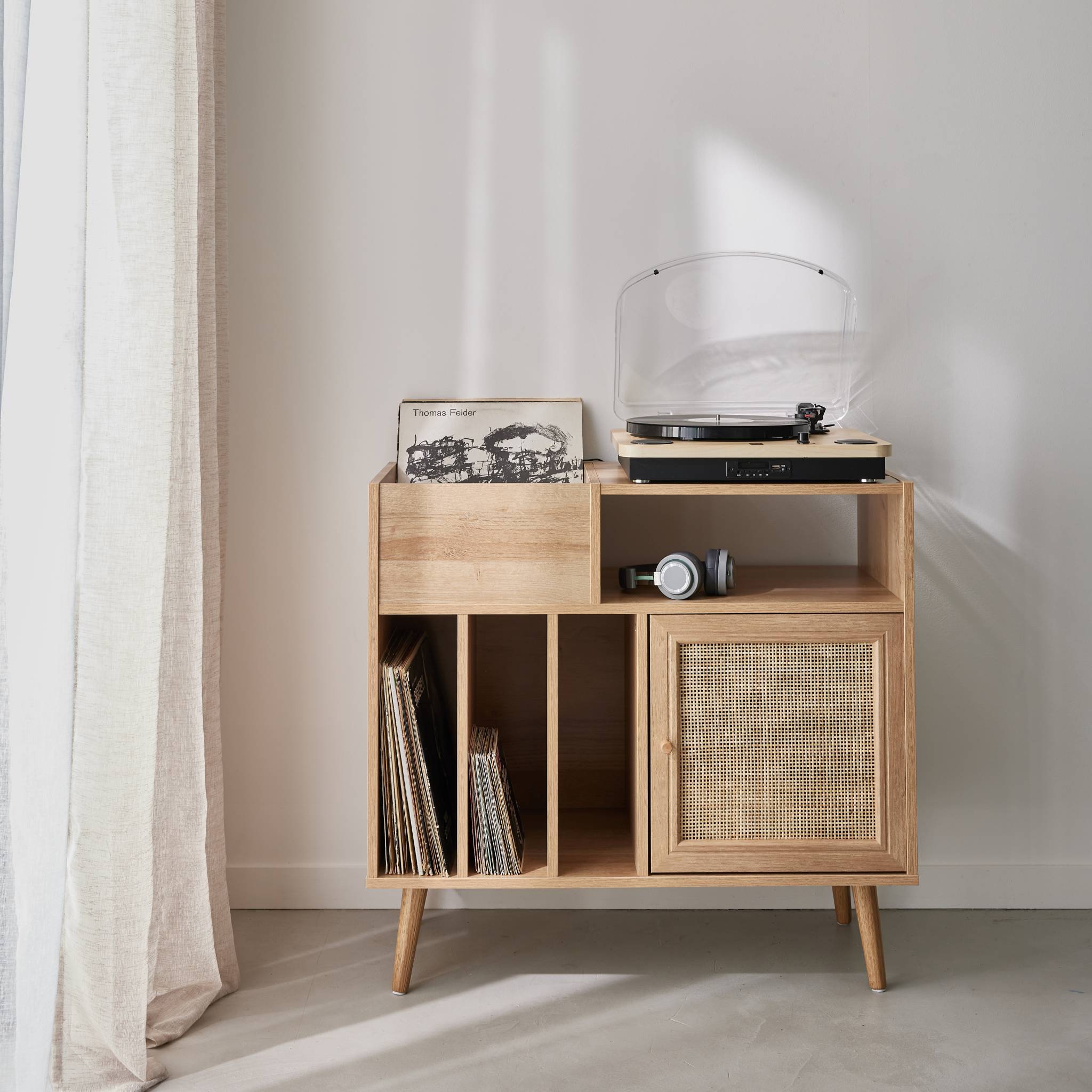 Meuble vinyle cannage et décor bois Bohème 1 porte et 4 casiers 83cm