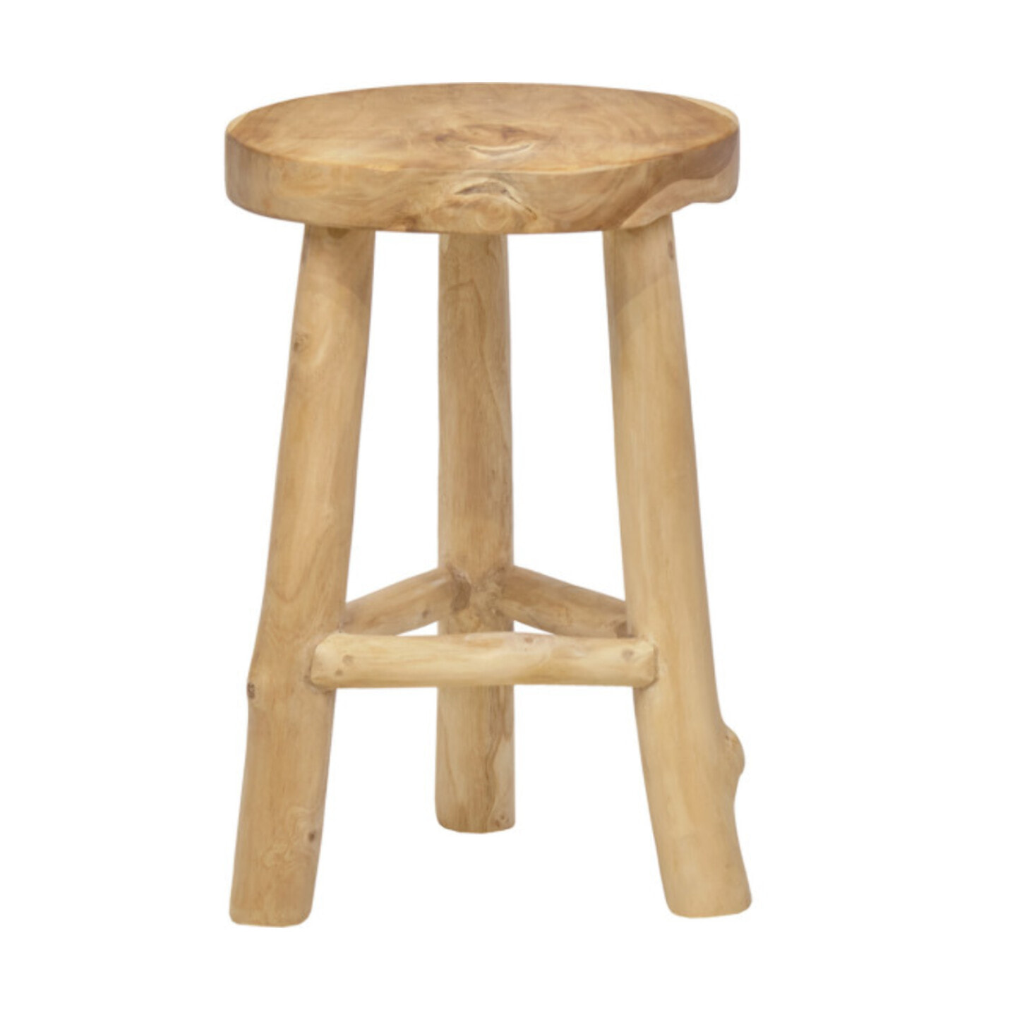 Tabouret rond artisanal 45 cm de haut en bois de teck - PLUTO