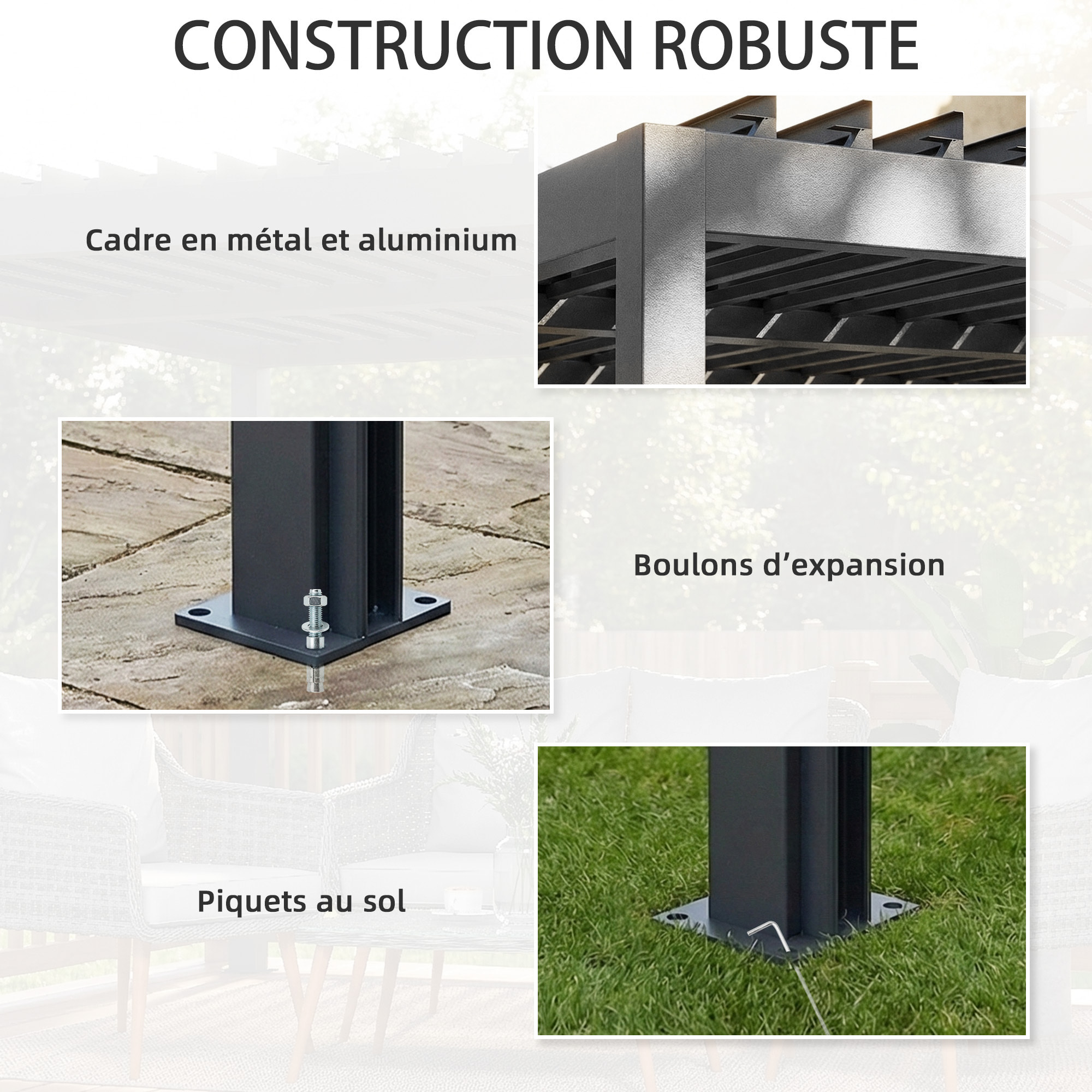 Pergola bioclimatique lames orientables stores latéraux aluminium gris