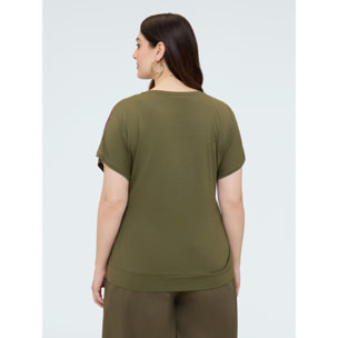 Fiorella Rubino - T-shirt bimaterica con stampa e maniche kimono - Verde militare