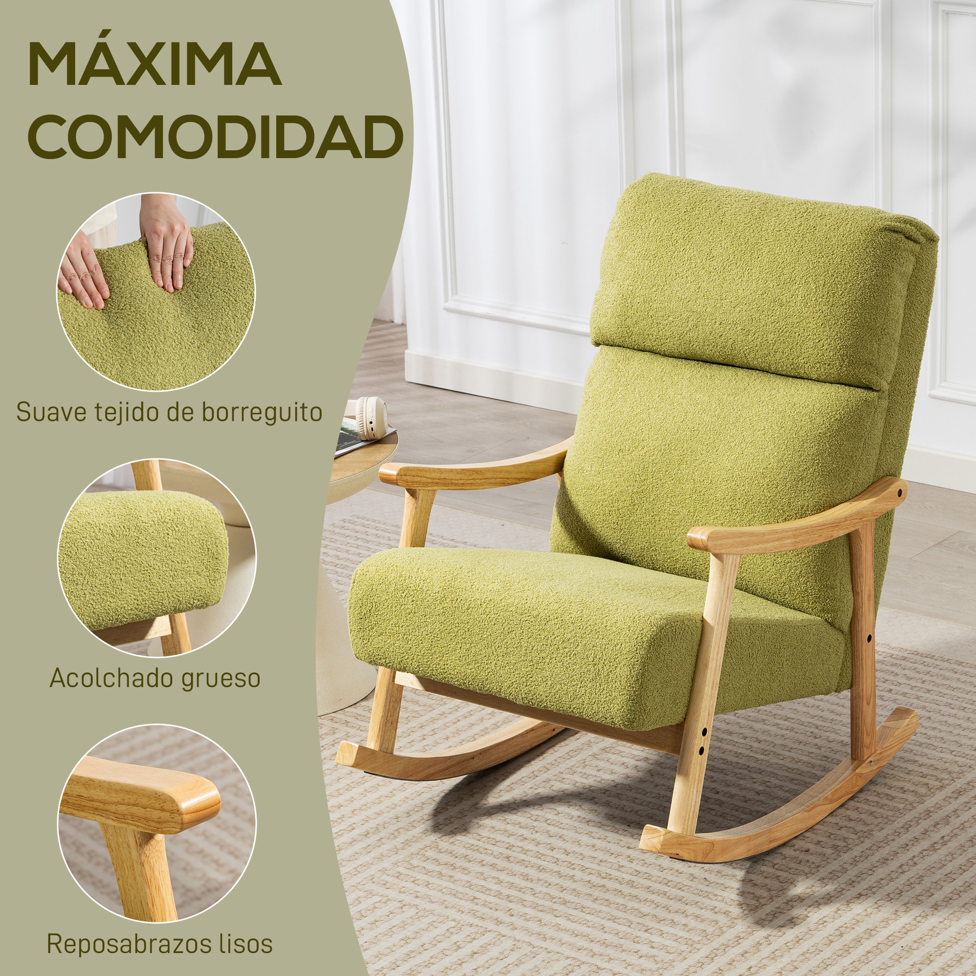 Silla Mecedora de Borreguito Moderna, Mecedora con Patas y Reposabrazos de Madera de Caucho, Respaldo Alto, Sillón de Lactancia Carga 120 kg, para Dormitorio, Salón