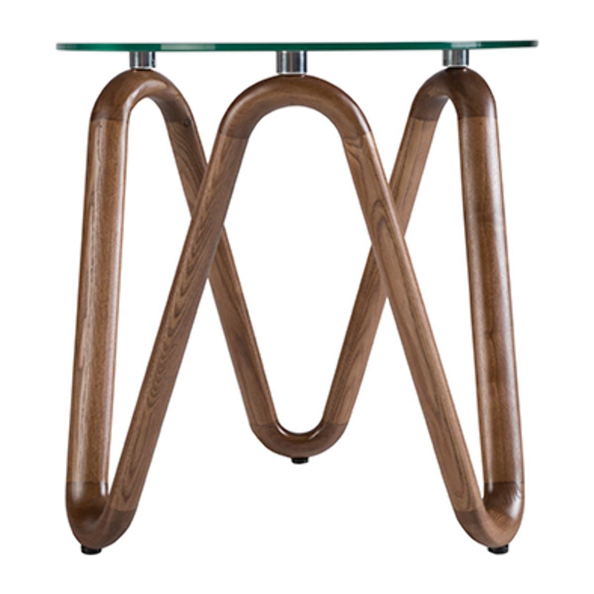 Mesa rincón redonda con tapa de cristal templado y patas de madera en nogal 115x115x38cm