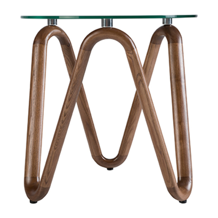 Mesa rincón redonda con tapa de cristal templado y patas de madera en nogal 115x115x38cm