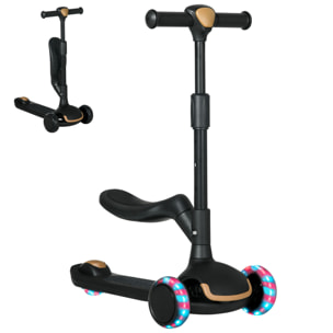 Patinete para Niños 2 en 1 Patinete Infantil Asiento Plegable con Altura Ajustable 3 Ruedas Brillantes para +18 Meses Carga 50 kg 58x31x64-79 cm Negro