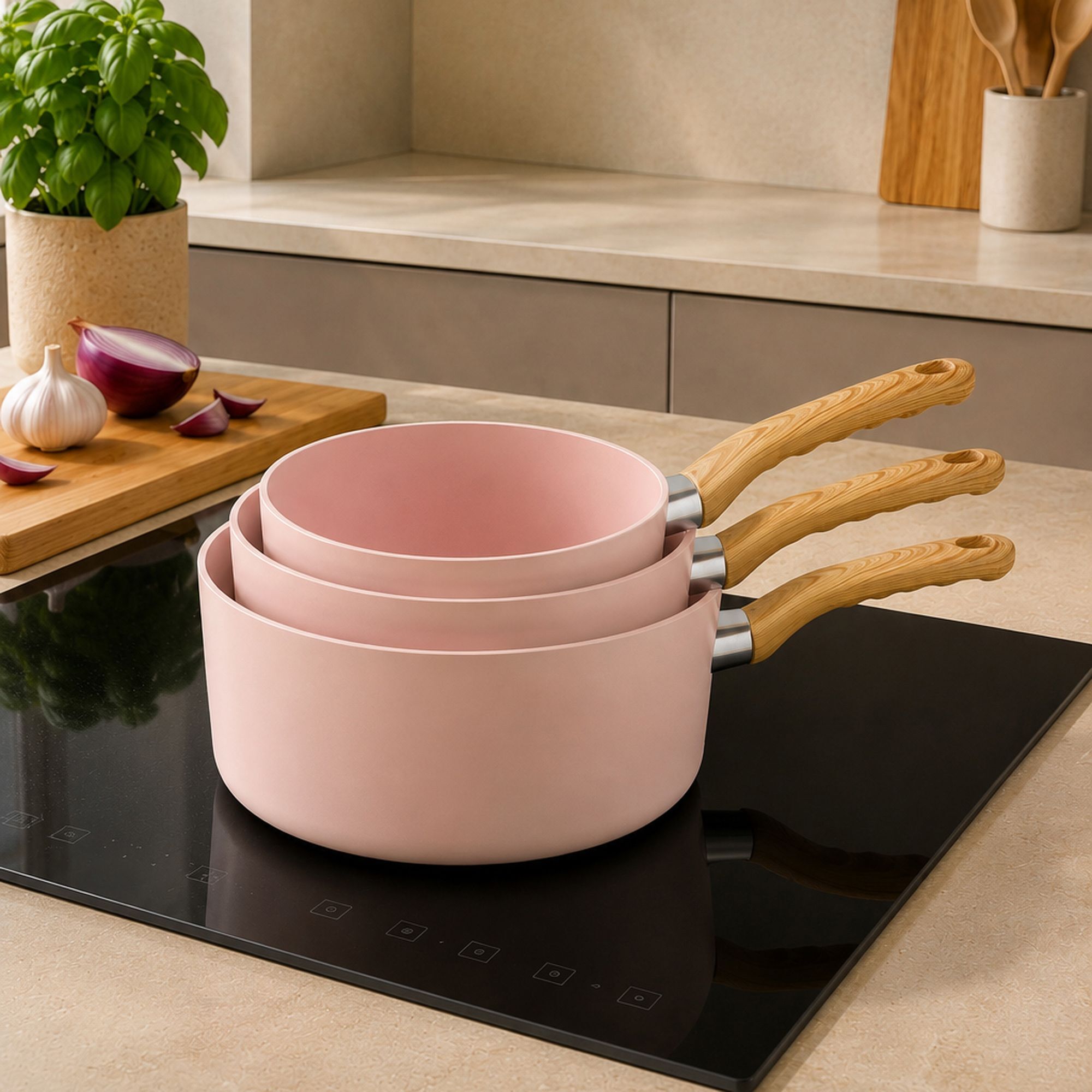 Lot de 3 casseroles revêtement céramique rose - tous feux COLORAMA