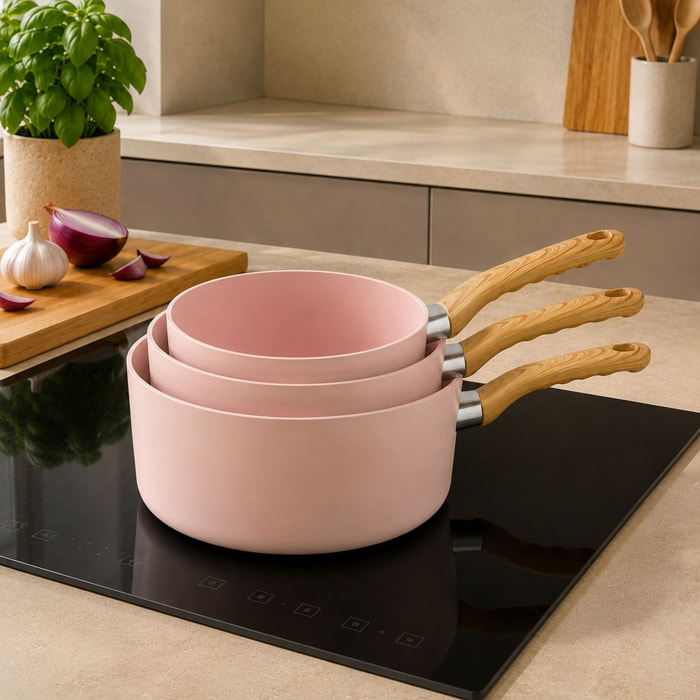 Lot de 3 casseroles revêtement céramique rose - tous feux COLORAMA