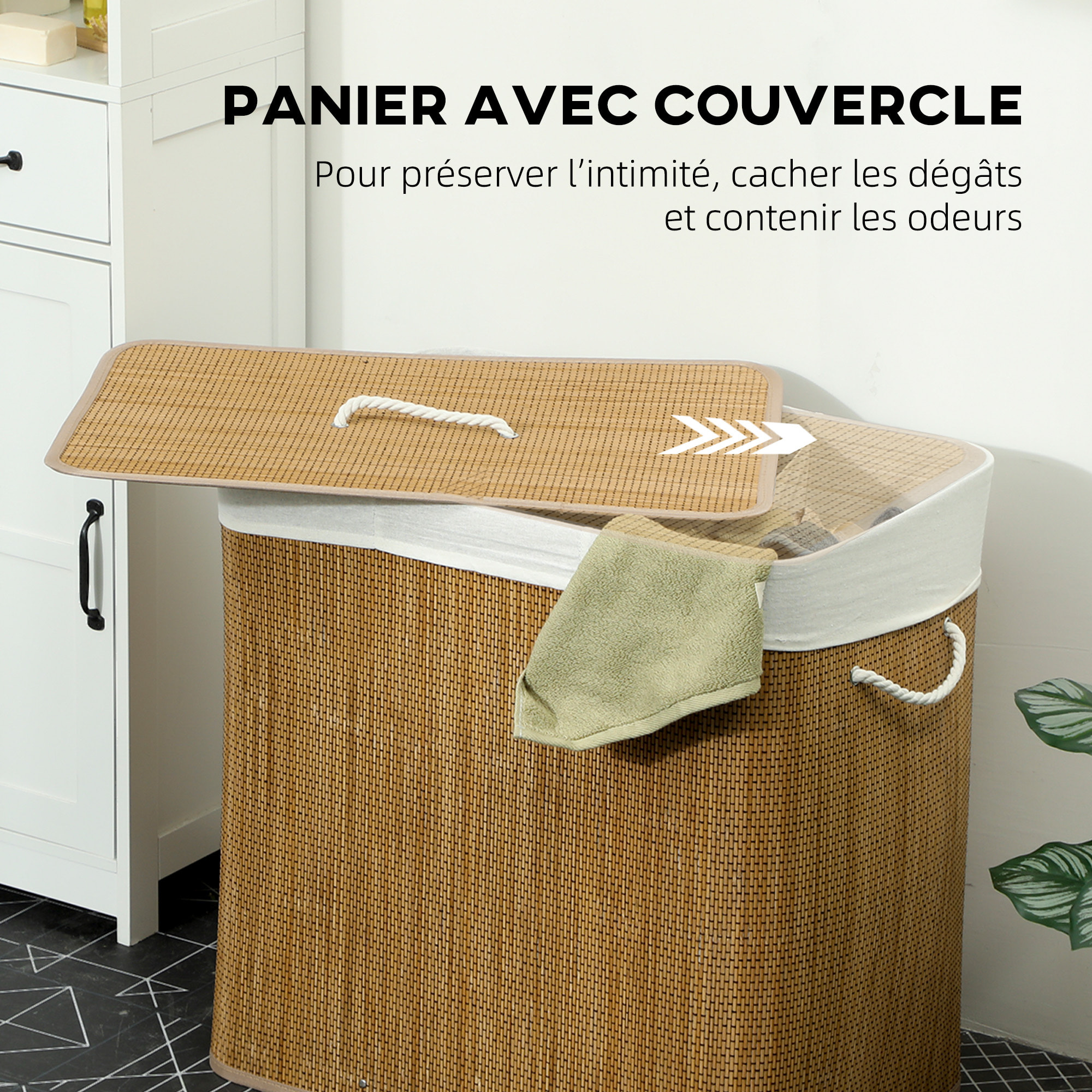 Panier à linge double 144L - corbeille à linge avec couvercle et poignées - tissage bambou naturel