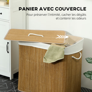 Panier à linge double 144L - corbeille à linge avec couvercle et poignées - tissage bambou naturel