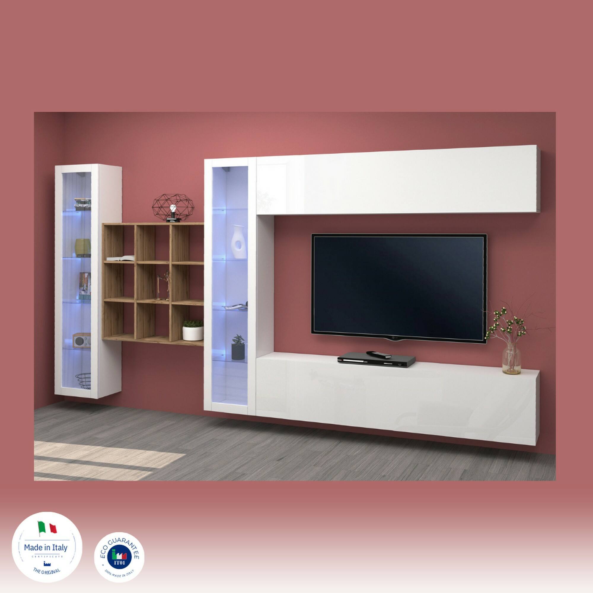 Parete attrezzata Gustavo, Set salotto porta TV a 4 ante, Mobile soggiorno multiuso con vetrina e luce LED, 100% Made in Italy, cm 350x30h180, Bianco lucido