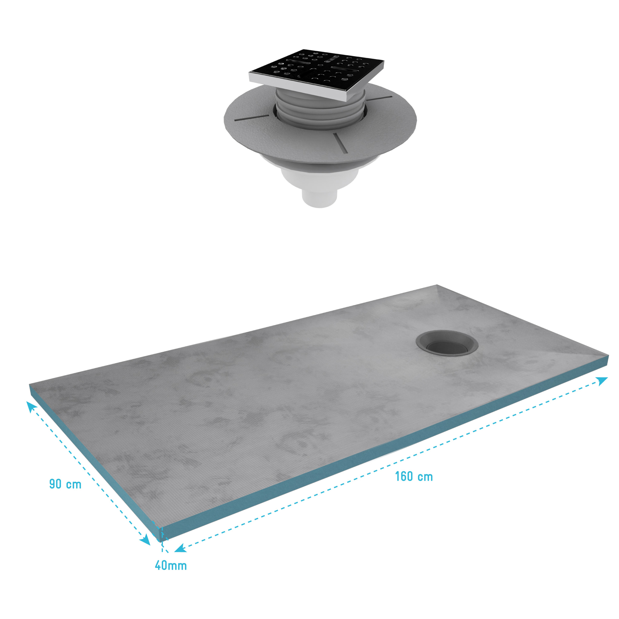 LOT de 2 Receveurs de Douche à Carreler 90x160 cm avec Bondes à Sortie Horizontale - Grille Inox