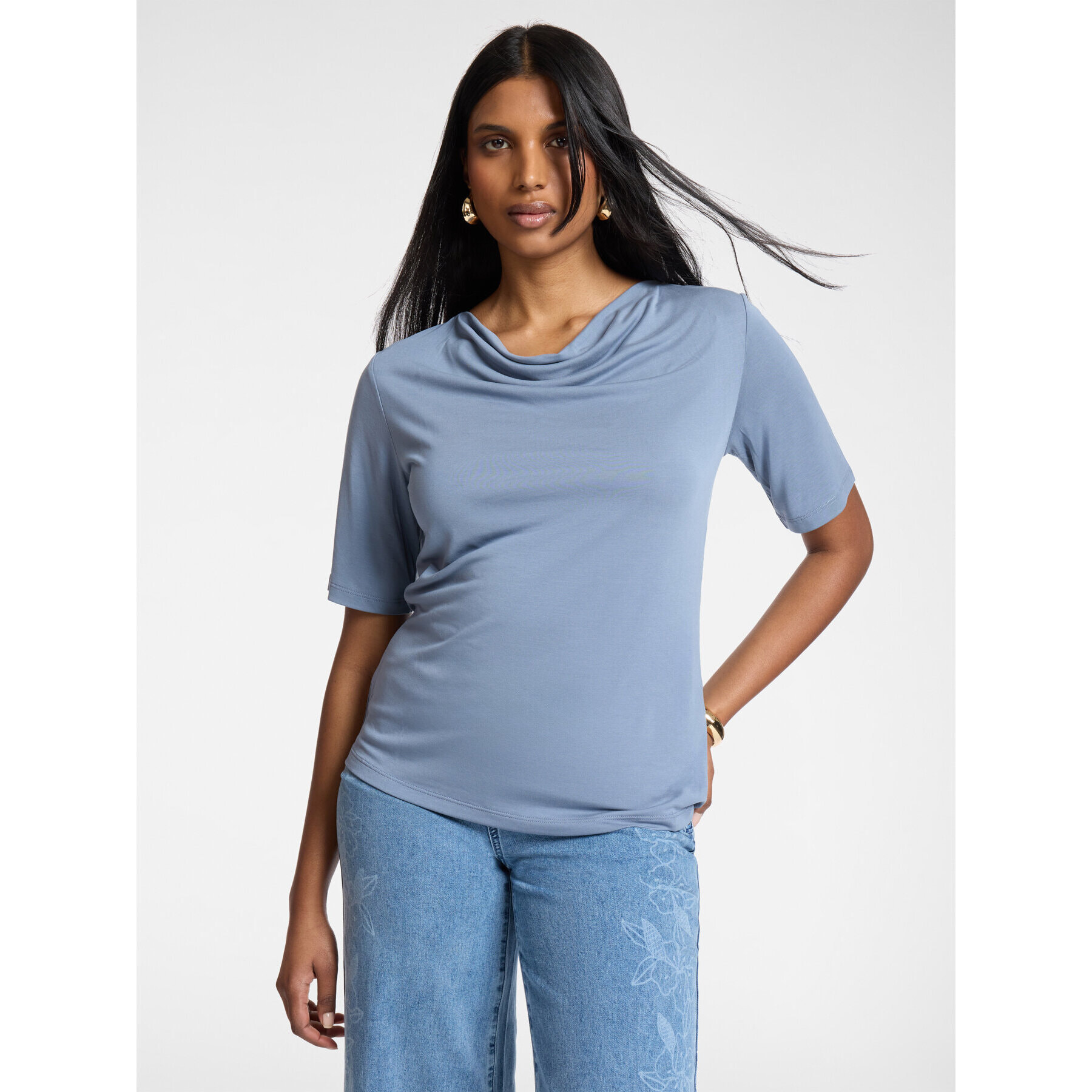 Elena Mirò - T-shirt con scollo drappeggiato - Azzurro