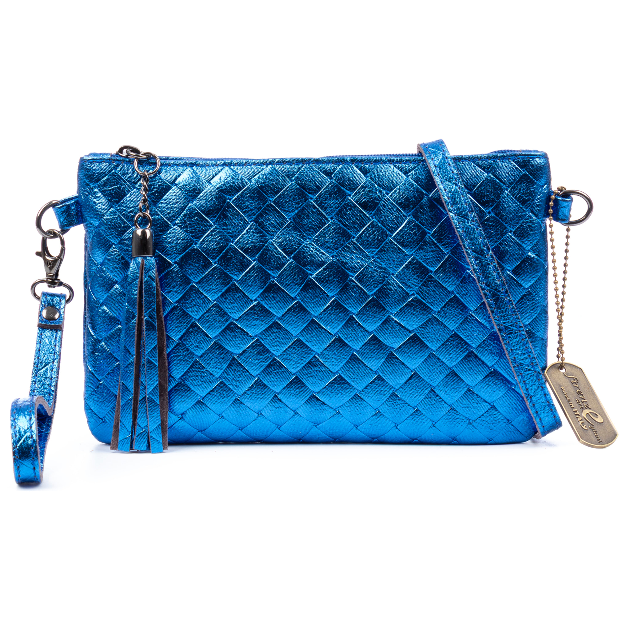 Oleggio bolso bandolera mujer. Piel auténtica Gamuza con grabado entrelazado y lacada brillante.