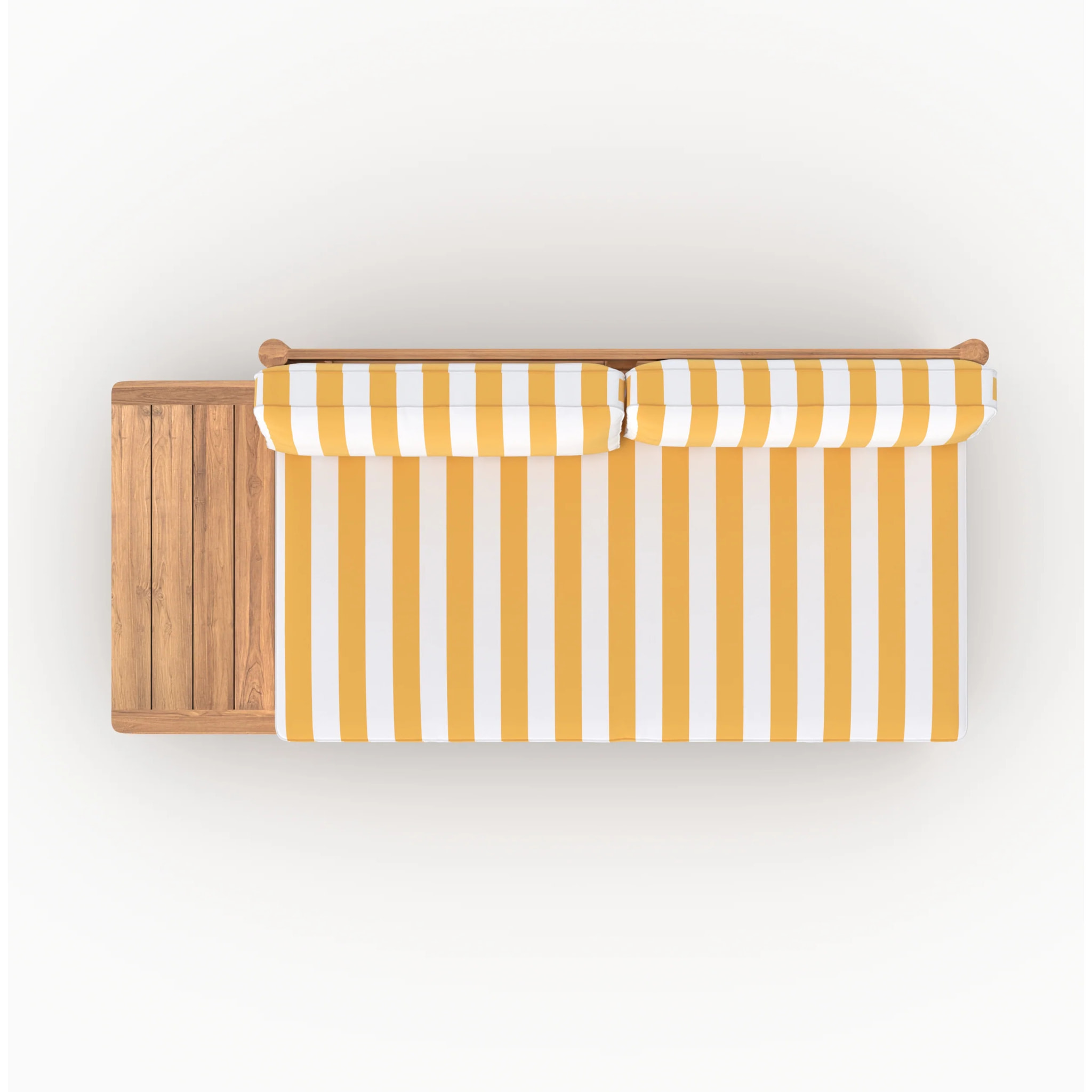 Canapé de jardin en teck massif et coussins rayés jaunes 2 places - Nadila