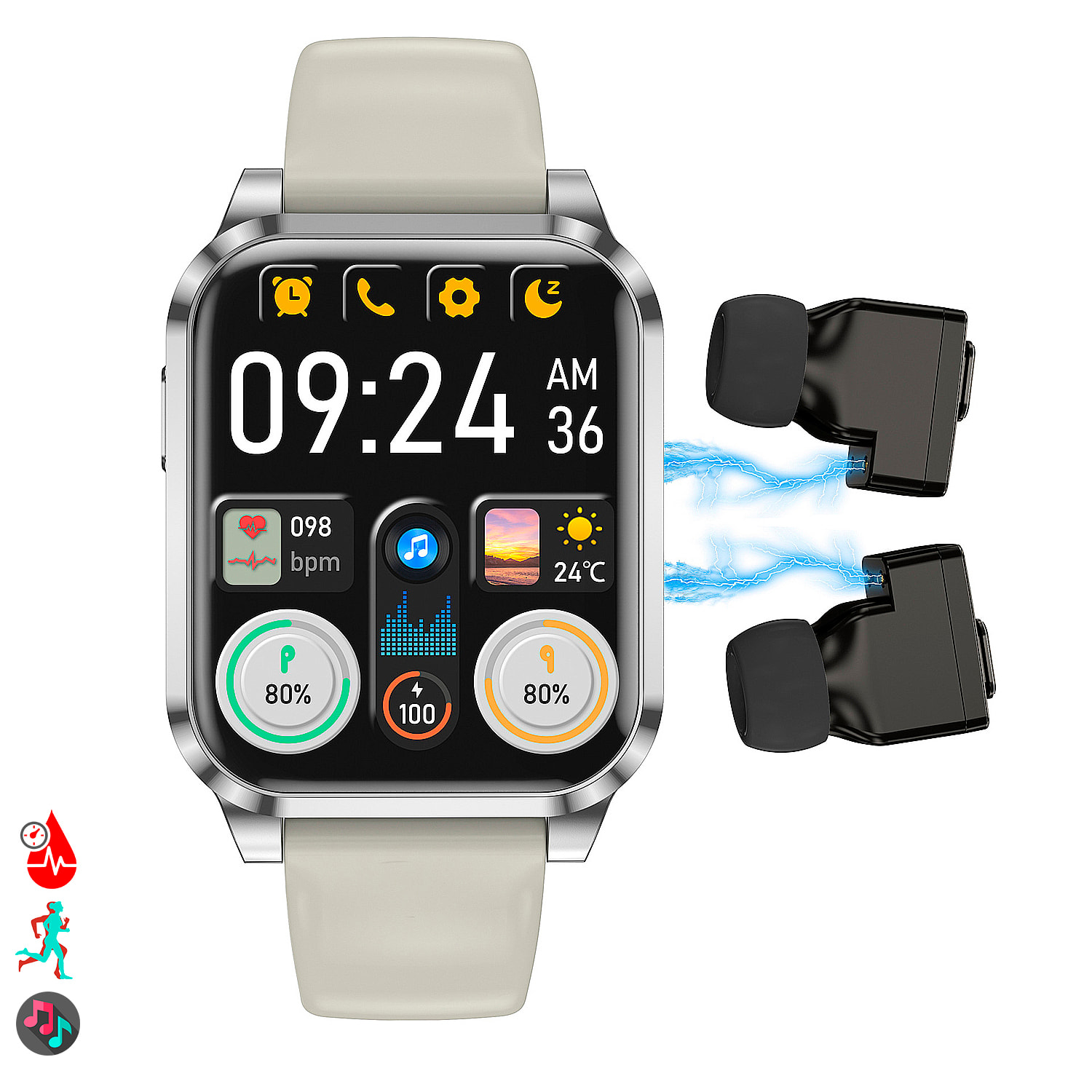 Smartwatch AIMB-Z20. Con termómetro, modos de deporte, auriculares bluetooth integrados y 2 correas de silicona.