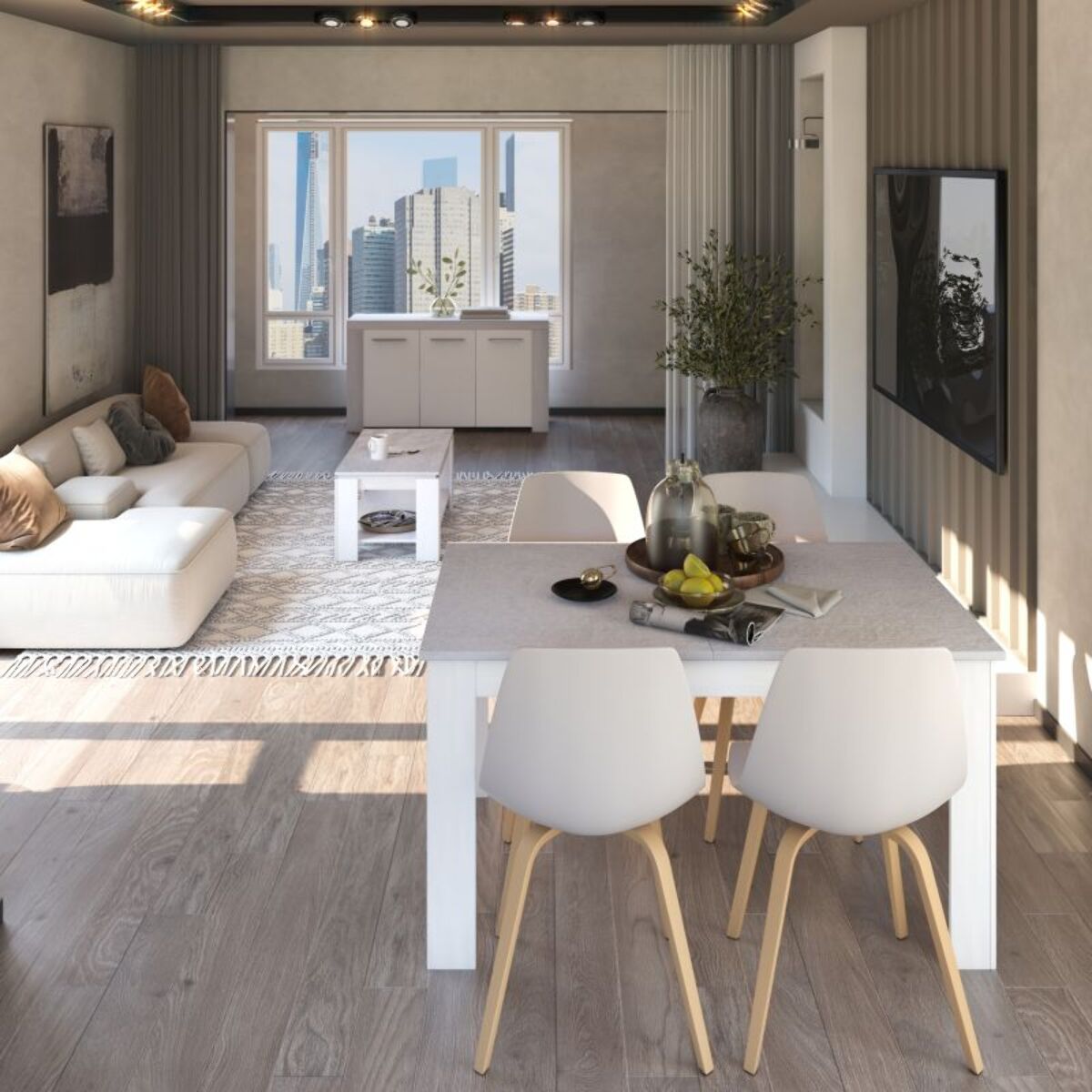 Pack mesa de comedor 140 y mesa de centro Lya Blanco Artik (Blanco Mate) - Gris Cemento