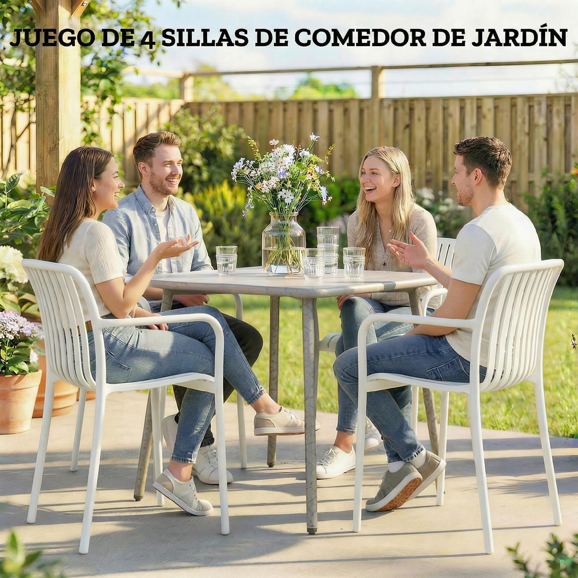 Juego de 4 Sillas de Jardín Exterior Apilables, Sillas Terraza Exterior de PP con Respaldo Curvado, Asiento de Listones, Reposabrazos, 55x58,5x81,5 cm, Blanco