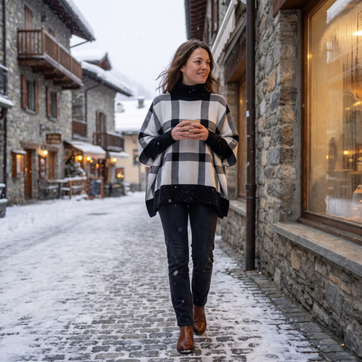 Poncho in maglia in poliestere - Bianco Nero