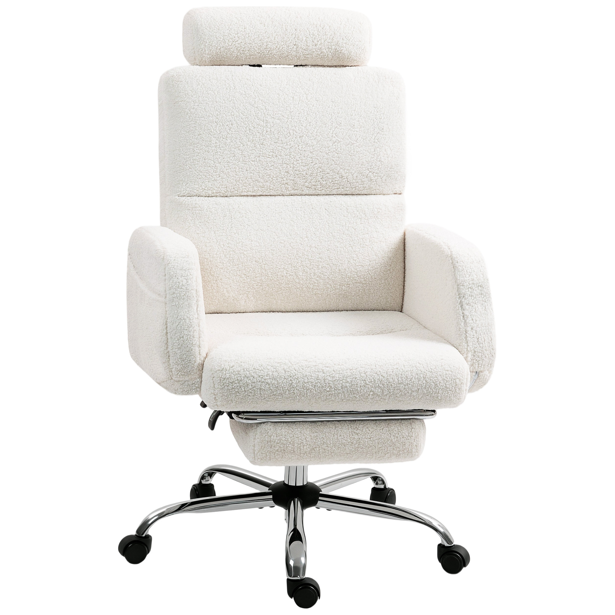 Silla de Escritorio con Reposapiés Tapizada en Borreguito Silla de Oficina con Respaldo Reclinable Reposacabezas Ajustable Respaldo Alto Altura Ajustable Crema