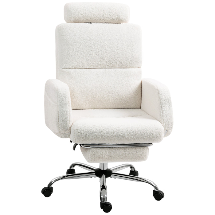 Silla de Escritorio con Reposapiés Tapizada en Borreguito Silla de Oficina con Respaldo Reclinable Reposacabezas Ajustable Respaldo Alto Altura Ajustable Crema