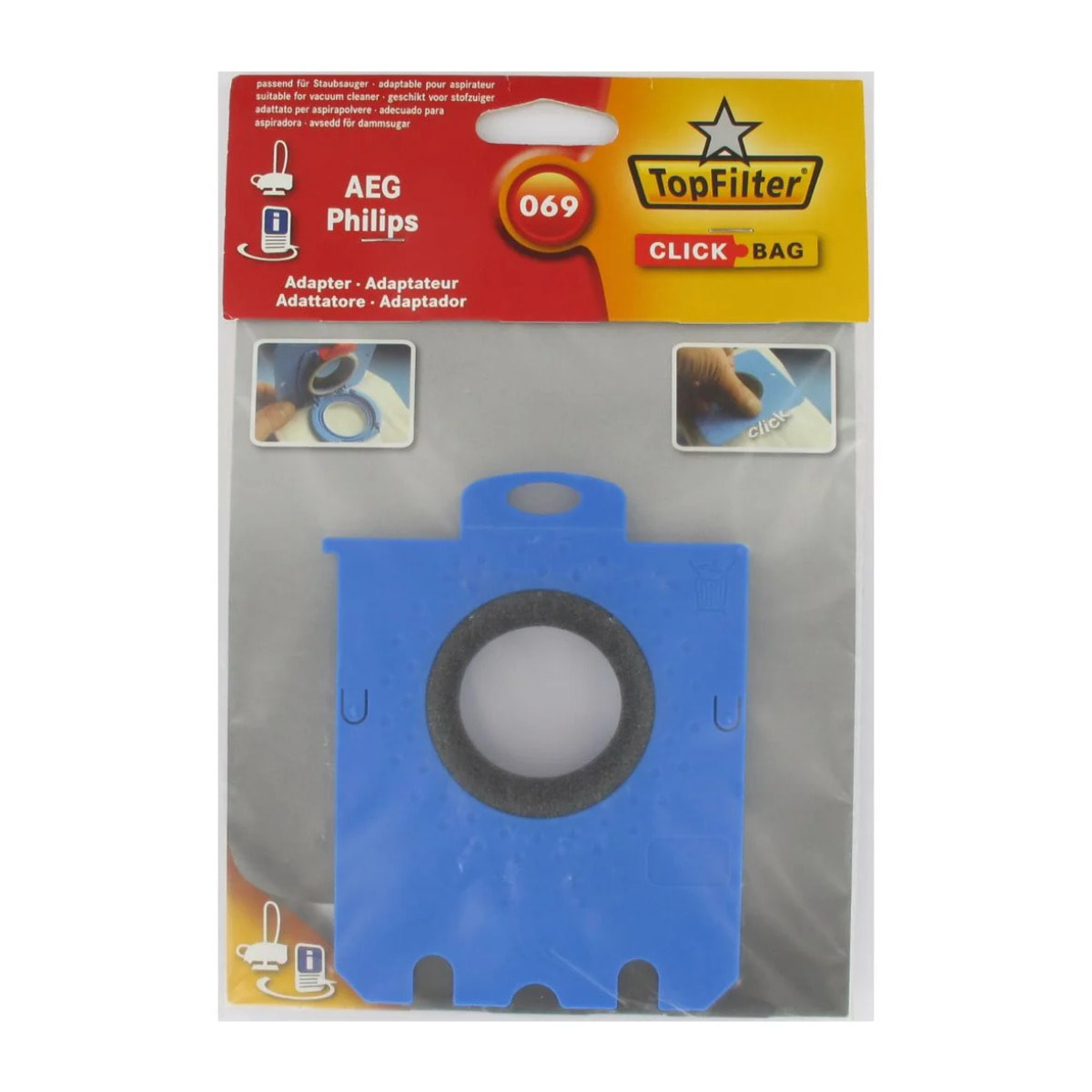 Boite de 4 sacs aspirateurs universels Top Filter avec Adaptateur Click Bag pour aspirateurs AEG Philips 069