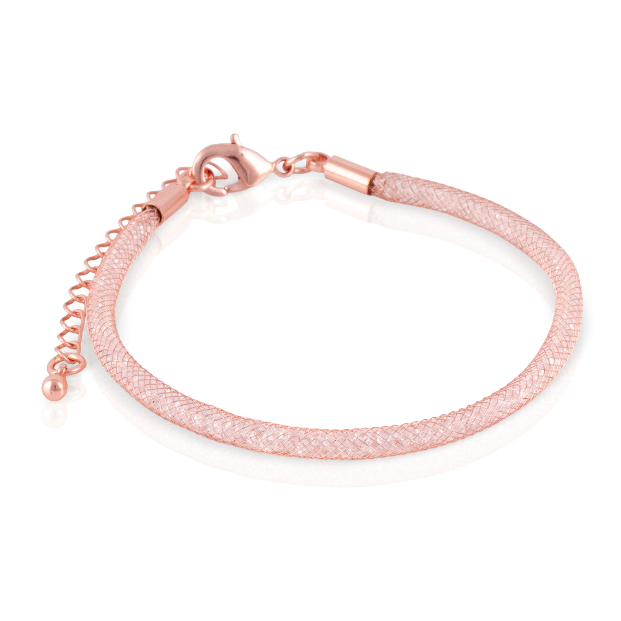 Set de collar y pulsera rosas de malla de cobre con relleno de cristal brillante y cierre de mosquetón de cobre con acabado rosa.