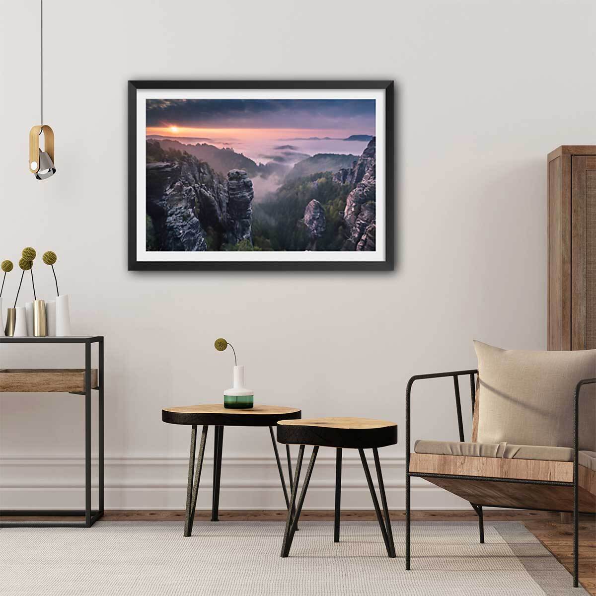 Affiche paysage sunrise on the rocks Affiche sous cadre noir