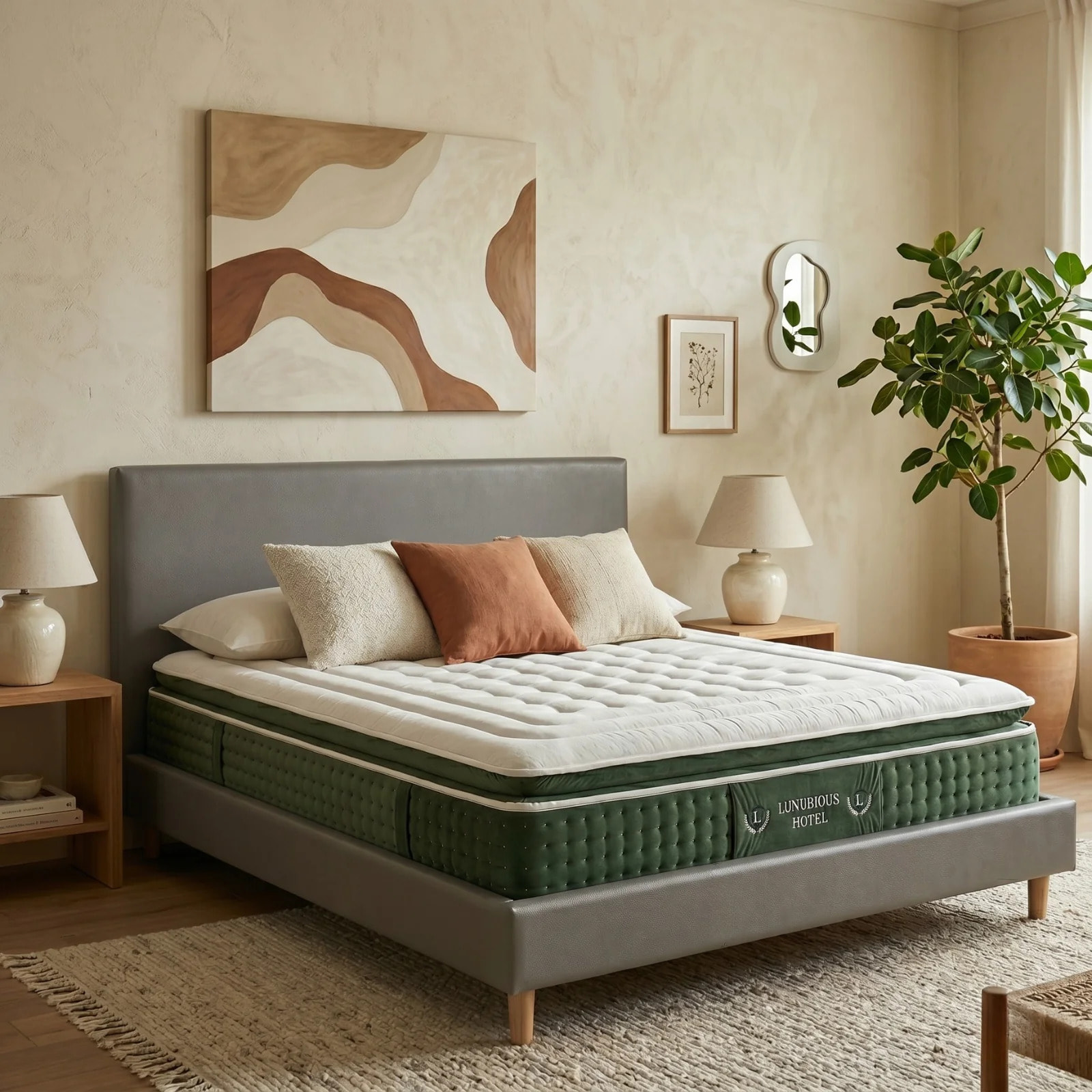 Ensemble matelas Jade & lit fixe Colisée | Mémoire de forme et ressorts ensachés | cadre à lattes | Simili cuir | Gris