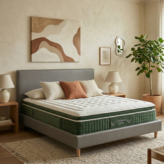 Ensemble matelas Jade & lit fixe Colisée | Mémoire de forme et ressorts ensachés | cadre à lattes | Simili cuir | Gris