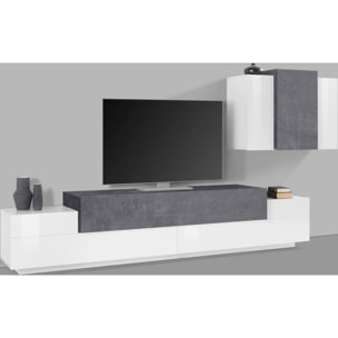 Parete attrezzata da soggiorno modulare, Made in Italy, Base porta TV e pensile sospeso, cm 280x45h180, colore Bianco lucido e Grigio Cenere