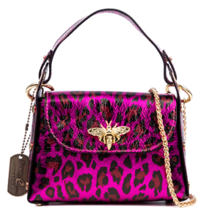 Aquileia bolso de mano mujer. Piel auténtica Gamuza con estampado animal print leopardo lacada brillante.