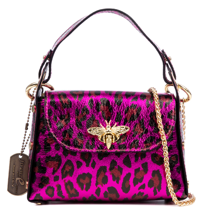 Aquileia bolso de mano mujer. Piel auténtica Gamuza con estampado animal print leopardo lacada brillante.