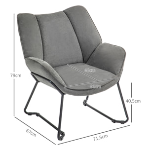 Fauteuil lounge design contemporain - dossier incliné, assise accoudoirs enveloppants - acier noir tissu gris