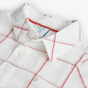 Camisa niño, lino, estampado cuadros, piedra