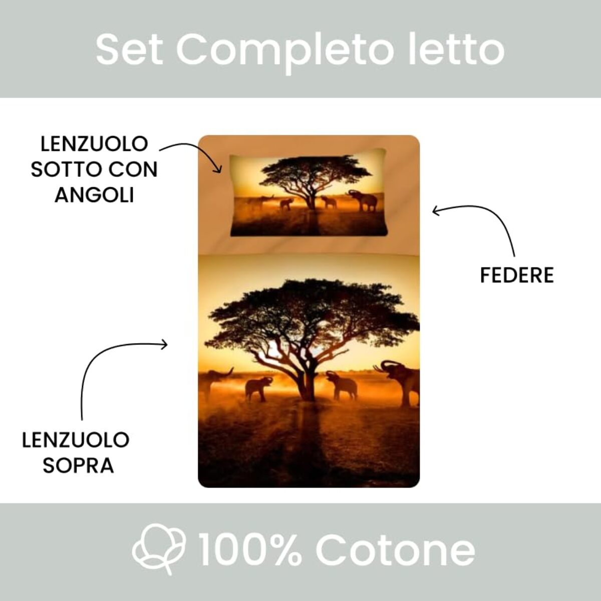 Completo lenzuola una piazza e mezza in cotone con stampa alta qualità, set letto con lenzuolo sopra, sotto con angoli e federa, morbido e traspirante per pelli sensibili, colori brillanti e durevoli, certificato OEKO-TEX, comfort quotidiano