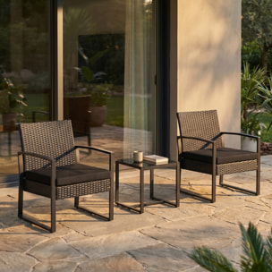 Salotto da giardino in rattan con struttura in ferro zincato, set con sedie e tavolino in vetro temperato, resistente e moderno, ideale per balcone terrazzo e outdoor, compatto e facile da pulire, design elegante e durevole