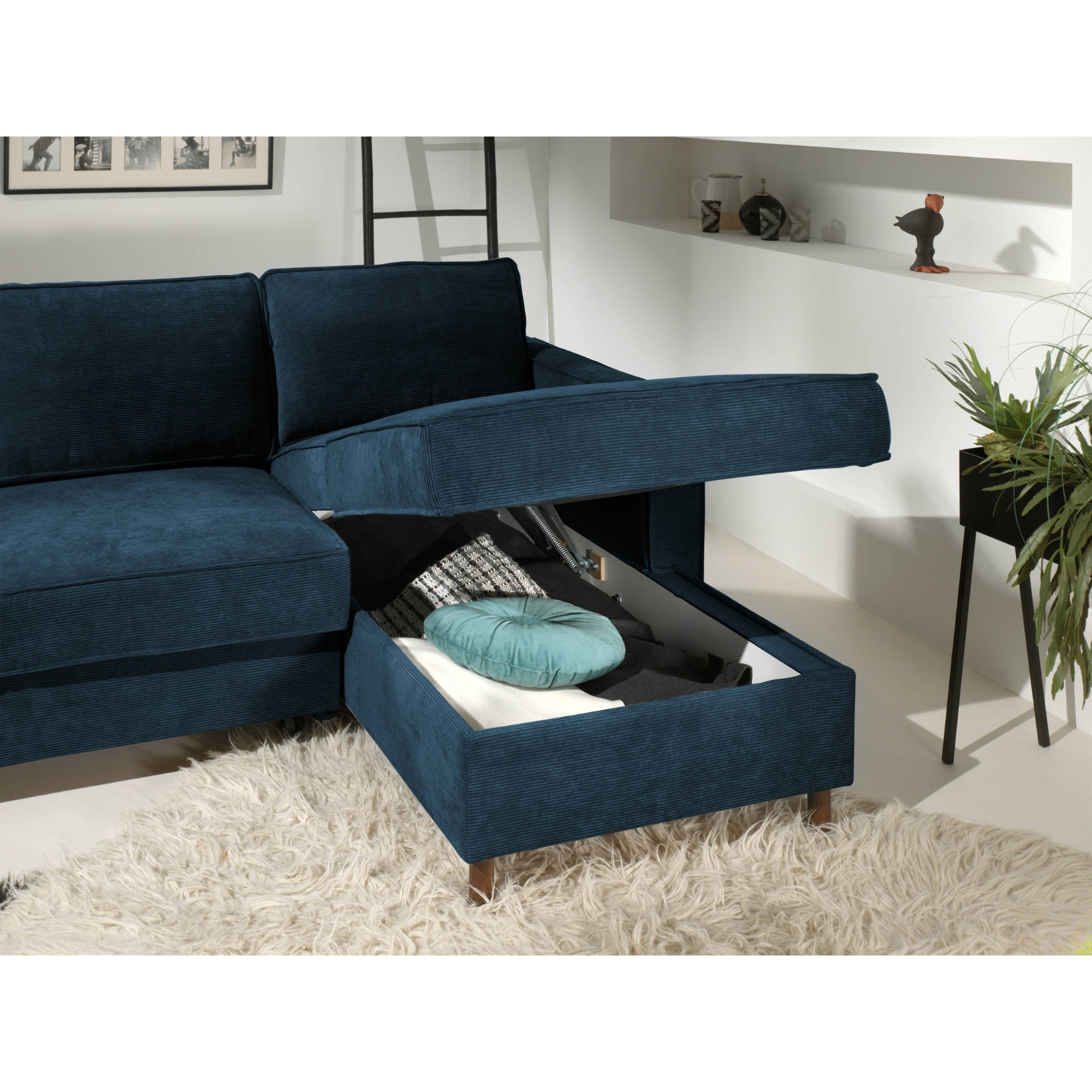 Jake - canapé d'angle droit - convertible avec coffre - 4 places - en velours côtelé - Bleu Ardoise