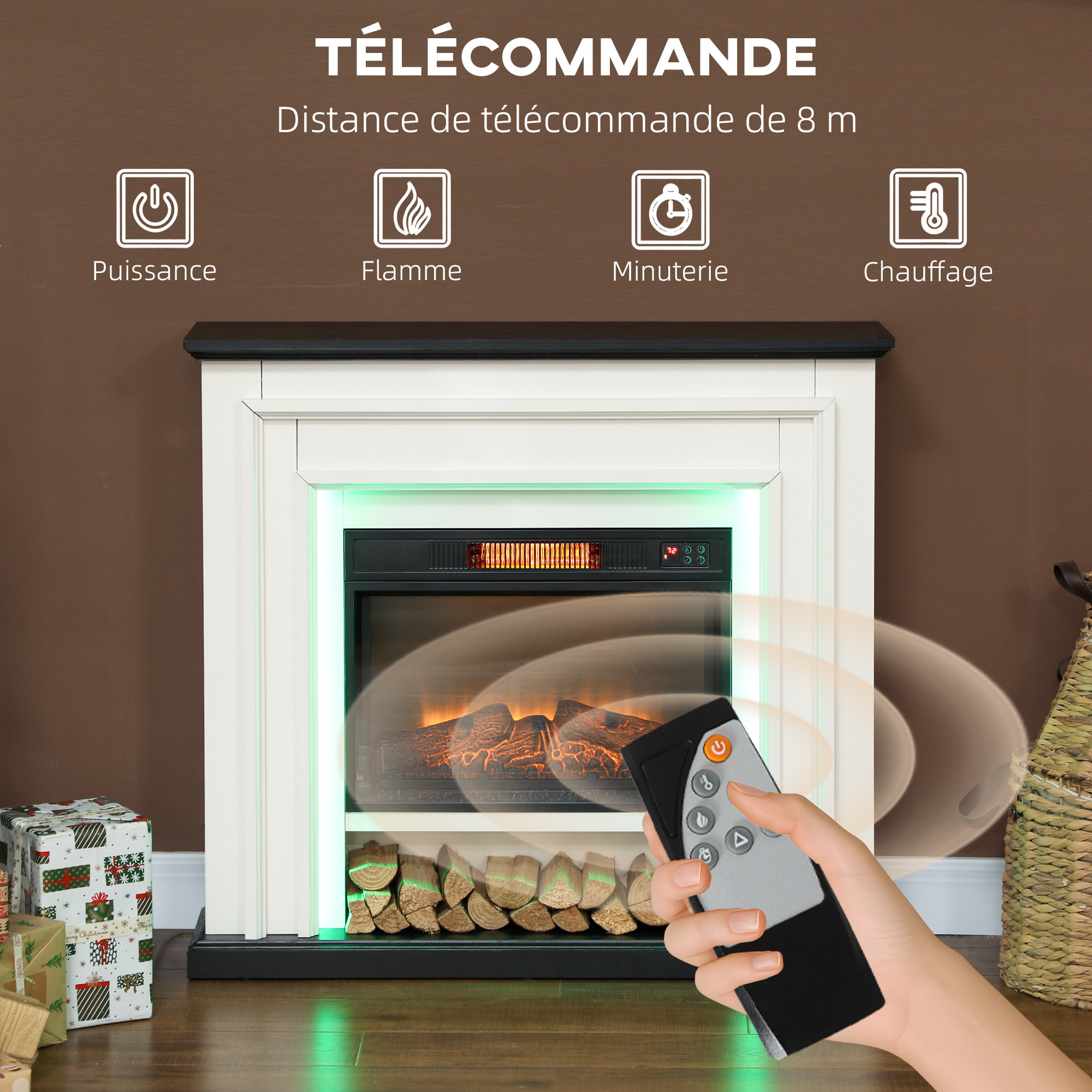 Cheminée électrique LED multicolore design classique grande taille 105 x 27 x 97 cm télécommande blanc noir
