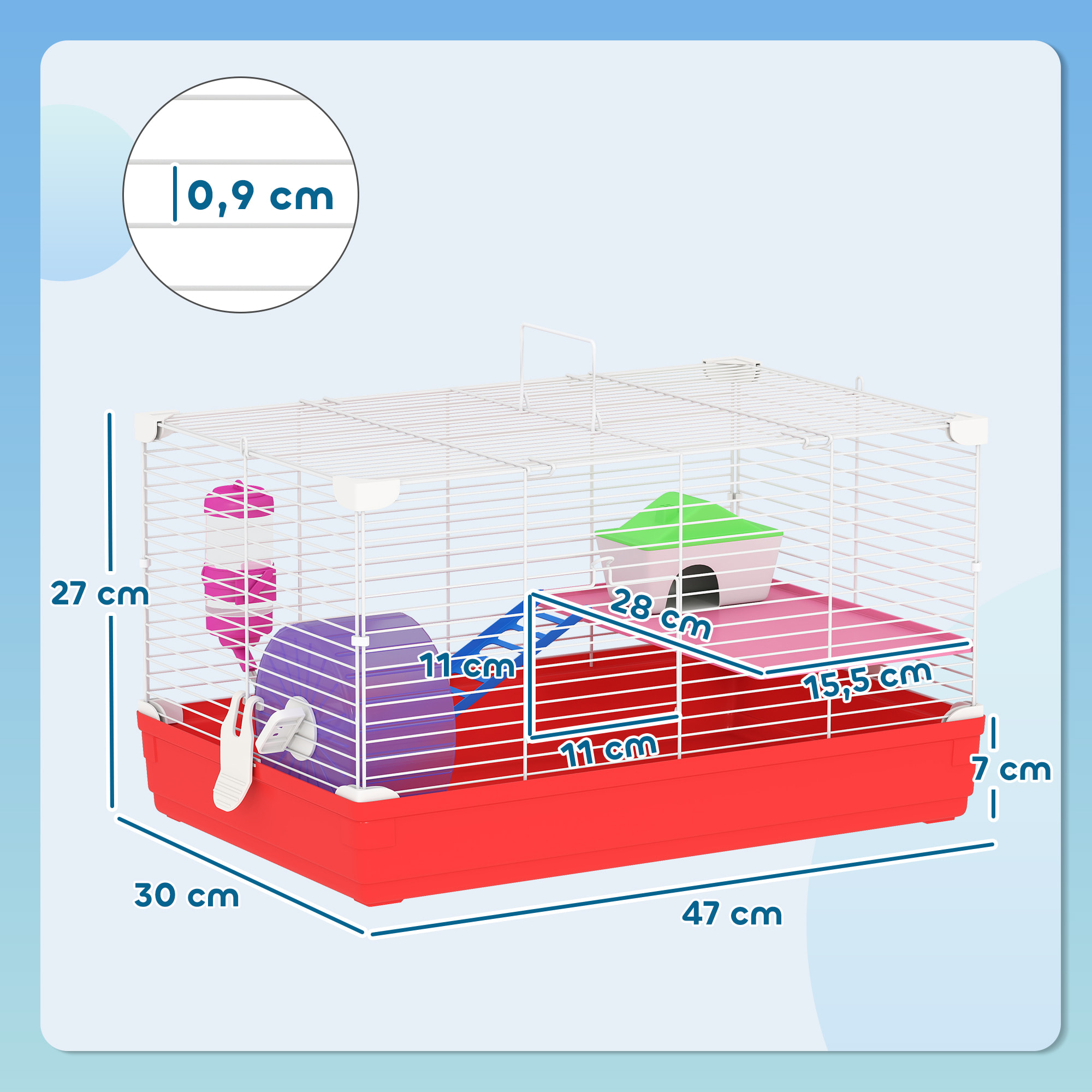 Cage rongeur hamster 2 niveaux cabane roue échelle biberon mangeoire 47 x 30 x 27 cm blanc rouge