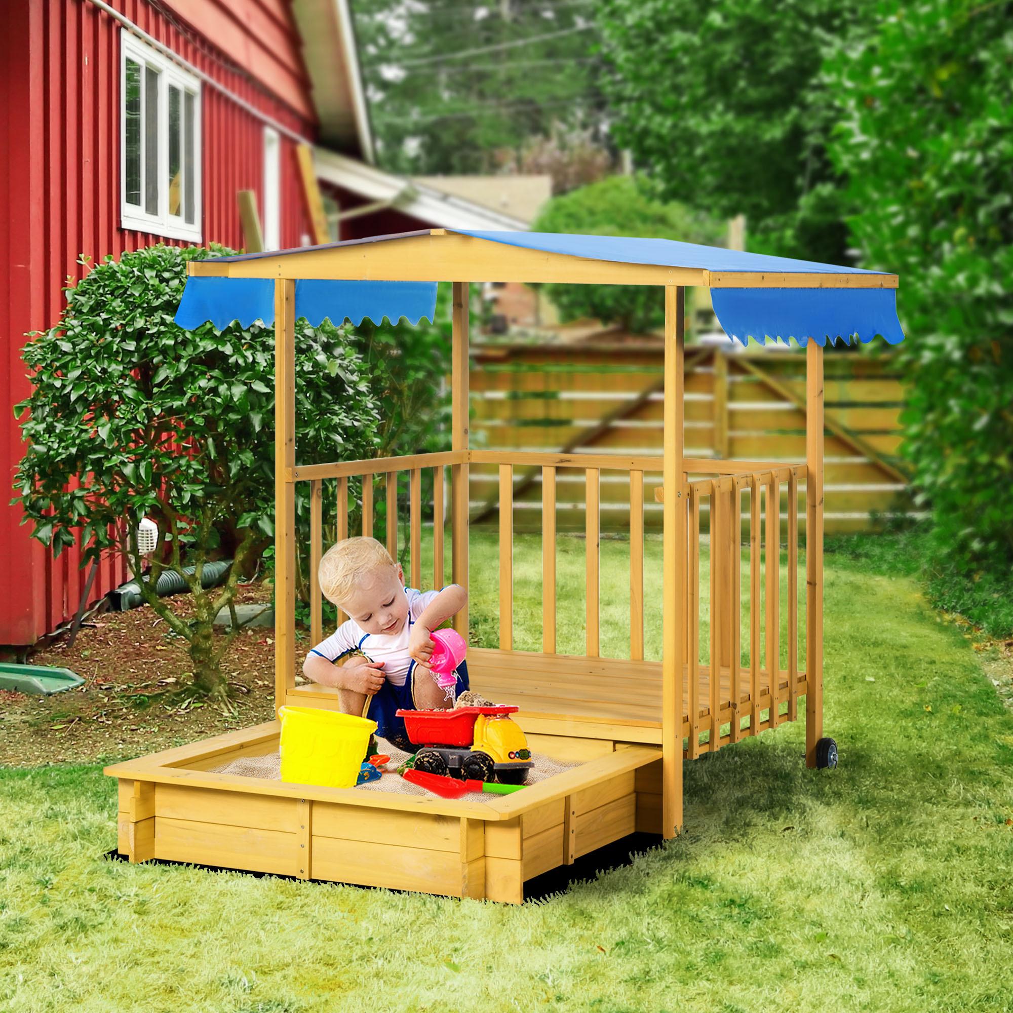 Arenero para Niños Veranda de Madera con Techo y Ruedas Cajón de Arena Juego para Niños de 3-8 Años para Jardín Patio 133x129x137,5 cm Natural