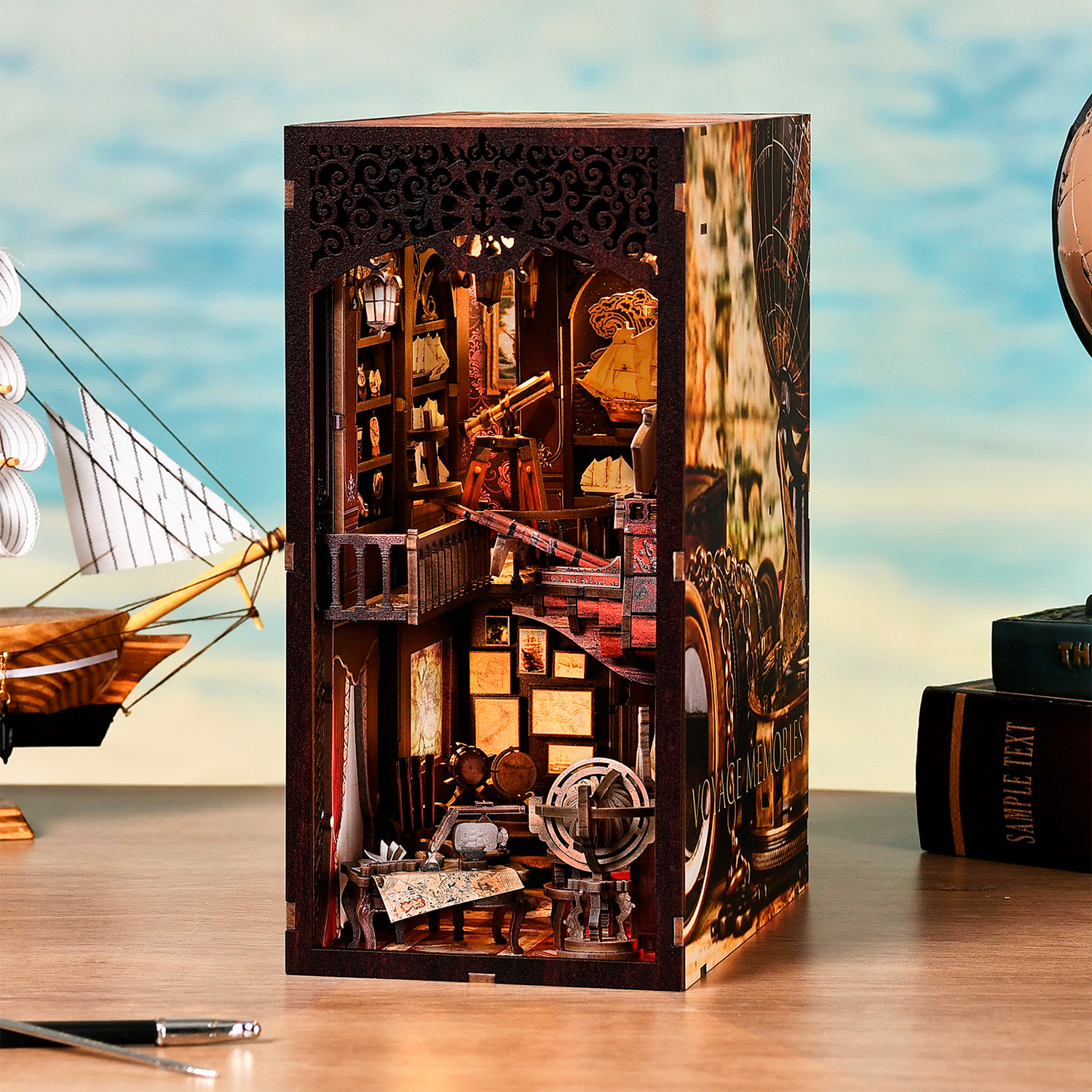 Memoria de navegación. Book Nook de madera, diseño 3D realista con gran detalle, cubierta y luces led.