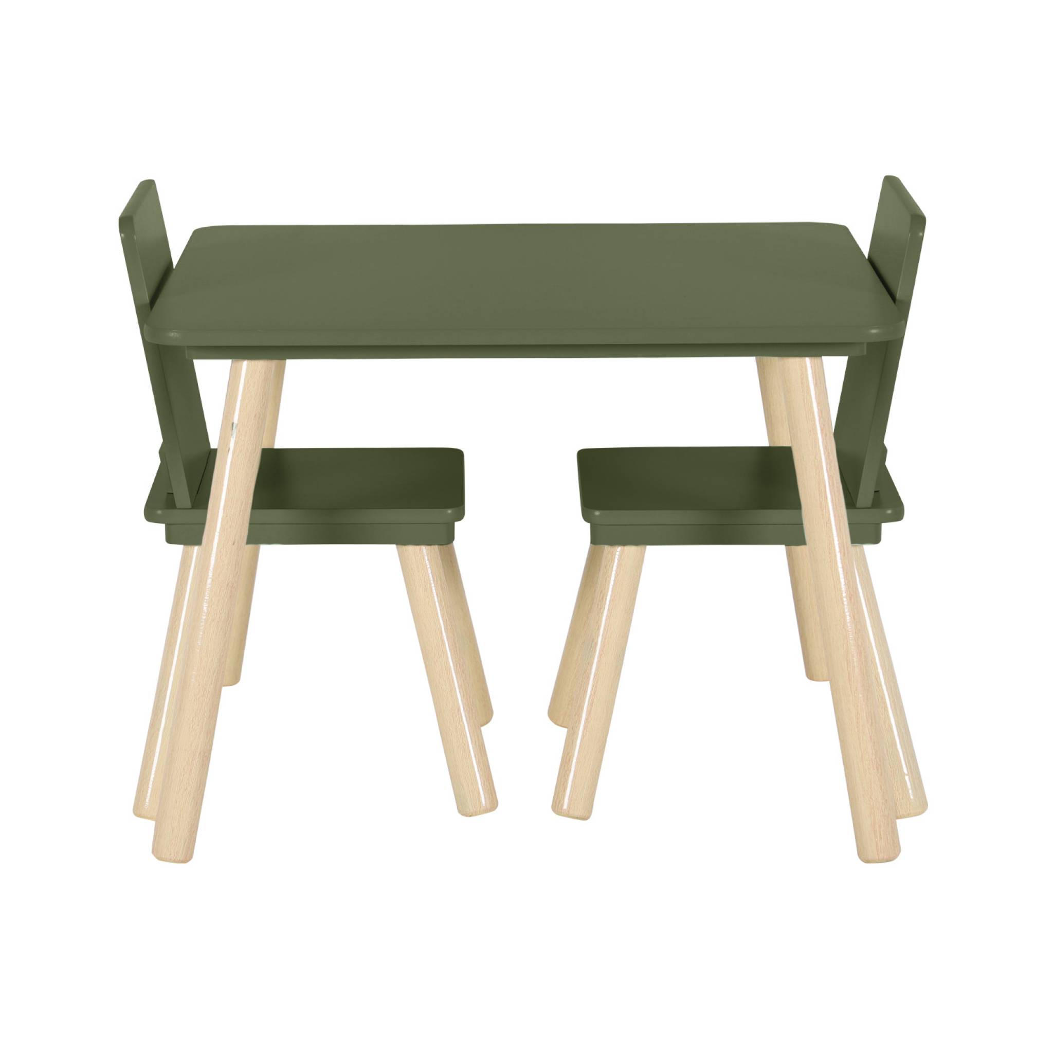 Table carrée enfant avec 2 chaises. pieds en pin. vert olive