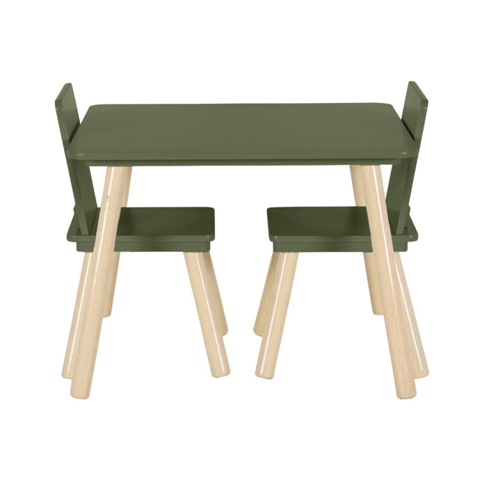 Table carrée enfant avec 2 chaises. pieds en pin. vert olive