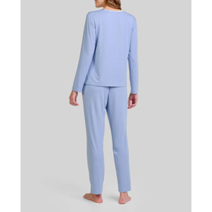 Pijama mujer tejido modal, escote en pico con raso, bolsillo, manga larga y pantalón largo