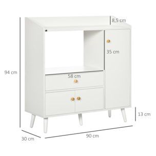 Aparador de Cocina para Microondas Armario Bajo de Cocina Mueble Auxiliar de Comedor con 3 Puertas Cajón y Compartimientos 90x30x94 cm Blanco