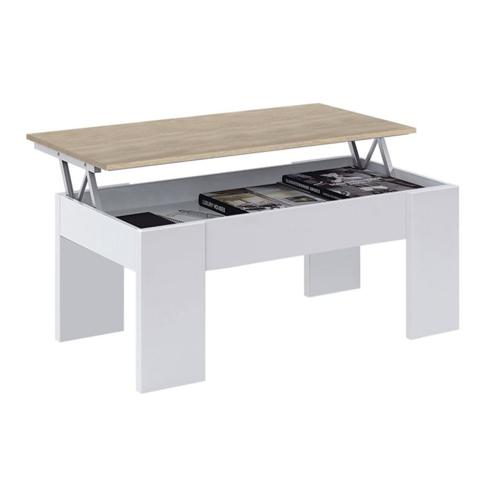 Mesa de centro elevable Low Cost Blanco Artik (Blanco Mate) - Roble Canadian