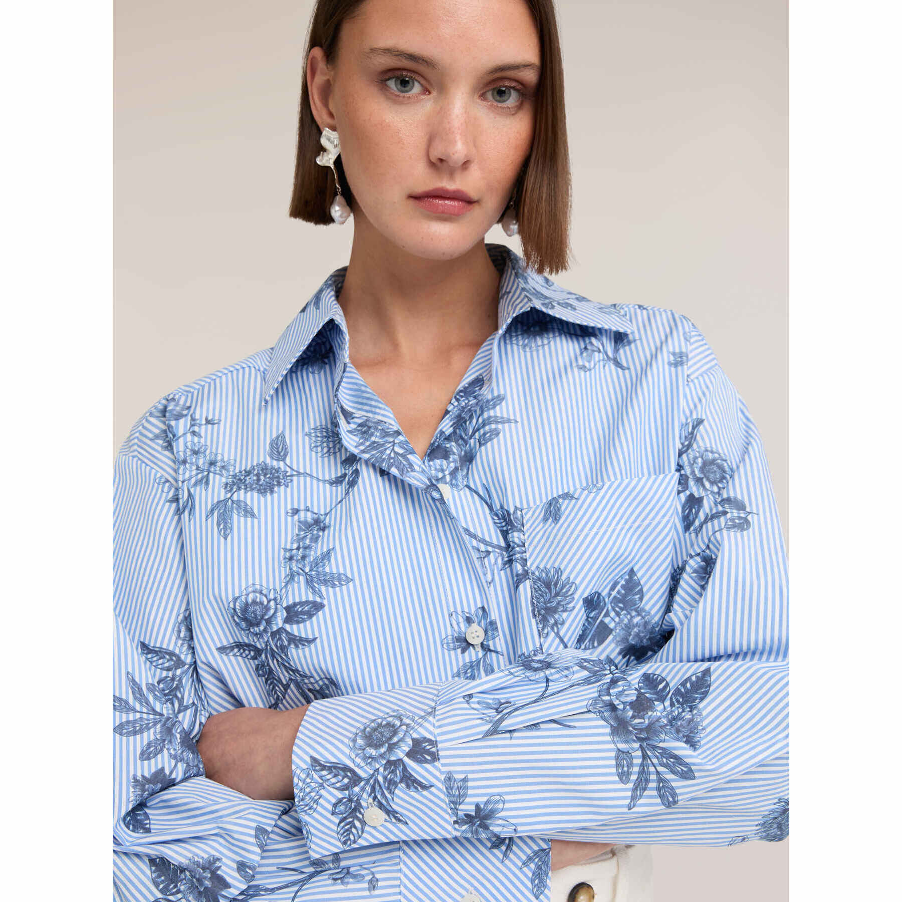 Motivi - Camisa oversize a rayas con estampado floral - Light - blue