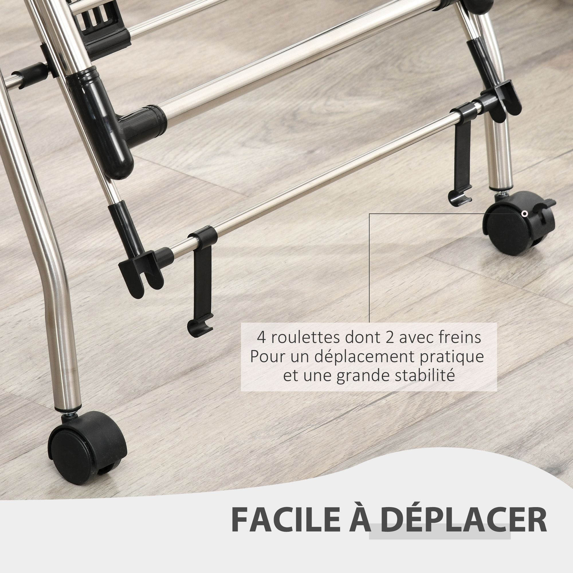 HOMCOM Séchoir à linge étendoir à vêtements pliable réglable avec barre de penderie et roulettes acier inox. PP noir