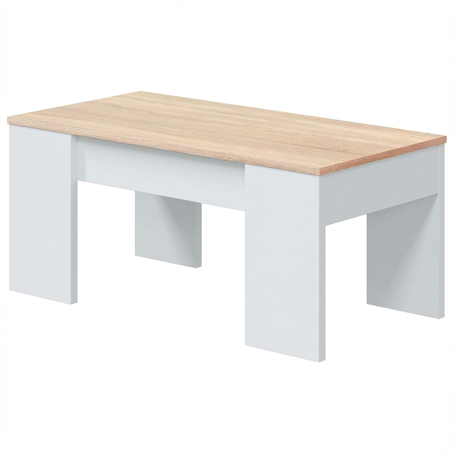 Tavolino da Salotto Alzabile Con Vano Contenitore Tavolo Multifunzione Salvaspazio Soggiorno Piano Sollevabile 100 x 50 x 54–56 cm Bianco E Rovere